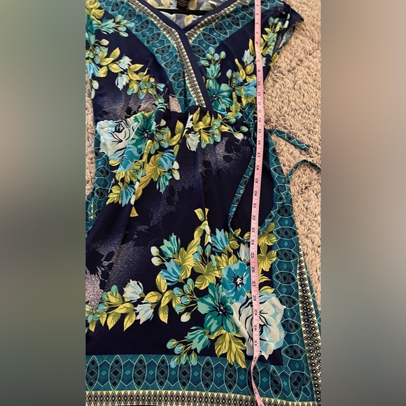 Nina Leonard - Colorful V-neck Faux Wrap Dress - Short Sleeves - Picture 10 of 13